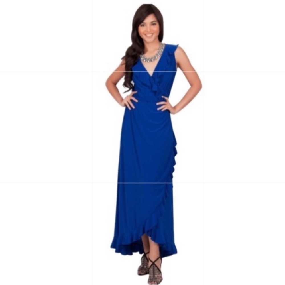 🧋 KOH KOH Blue Sleeveless Summer Ruffle Wrap Maxi Dress NWT 1